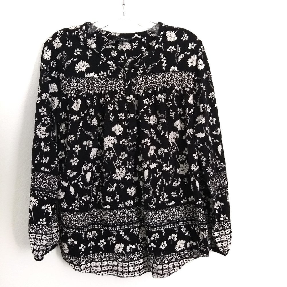 Lucky Brand Floral Print Henley Top In Black Multi Border Print Size Medium - Picture 4 of 6